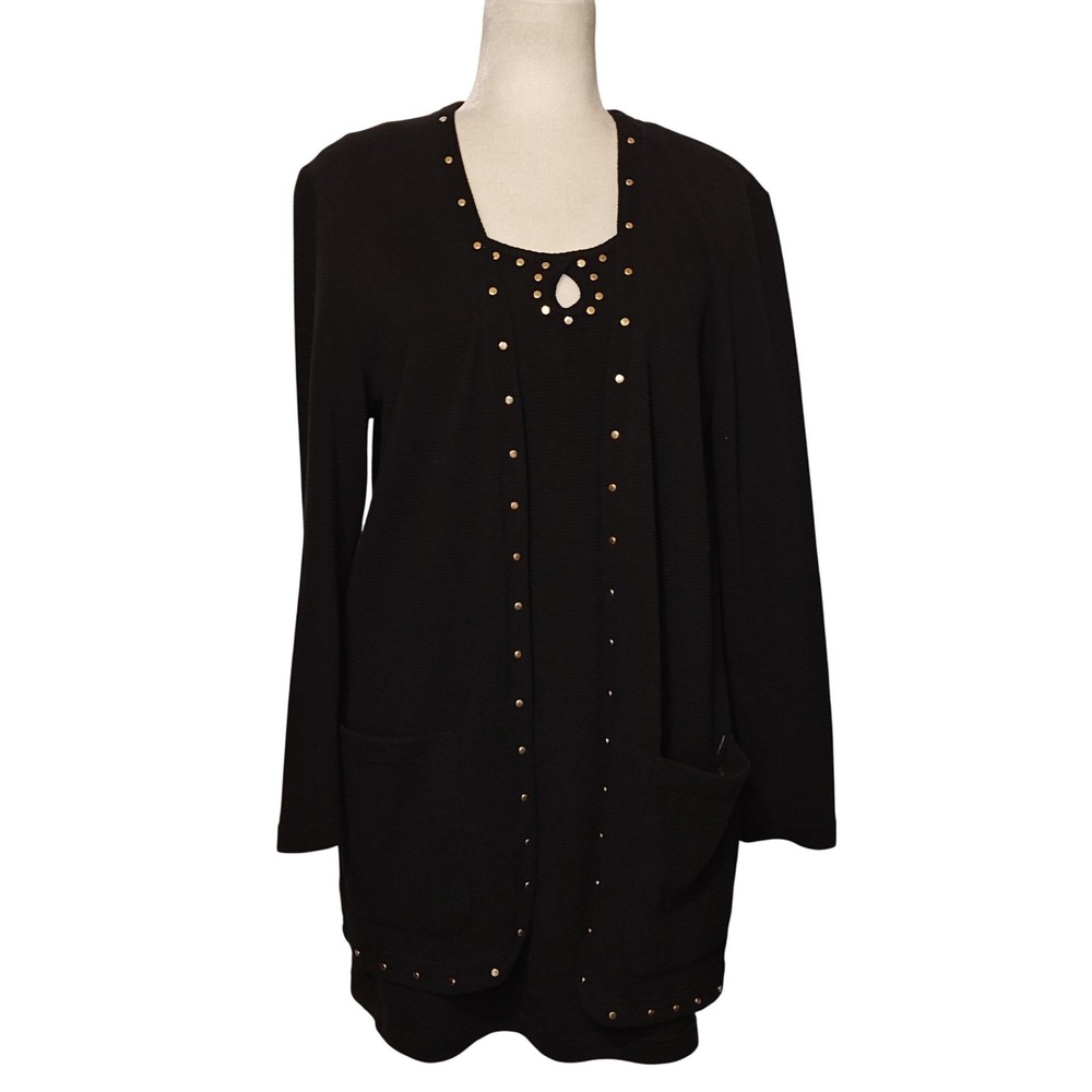 VTG Cache 2 Piece Dress Women Sm Black Gold Studded Cardigan Thermal Sheath